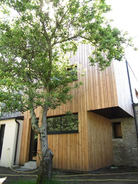 Au nord, la seconde extension est revêtue d’un bardage en Douglas à lames non jointives et de largeurs différentes.