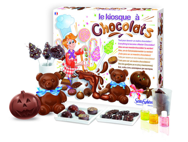 Le kiosque à chocolats est un coffret gustatif et éducatif de 7 à 99 ans, fabriqué en france et vendu dans de nombreux points de vente au prix de 28 € env.