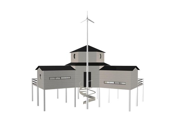 L'escalier hélicoïdal tourne autour du mât de  l'éolienne, perchée à 11 mètres de haut et produisant une puissance de 400 watts