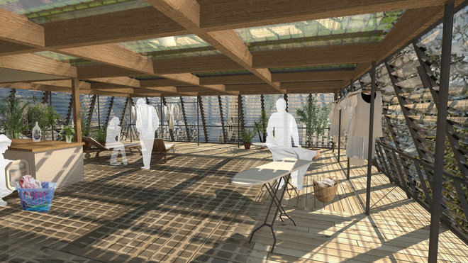 Le dernier étage, producteur d'énergie, sera un espace mutualisé jeux, laverie, lieu de loisirs...