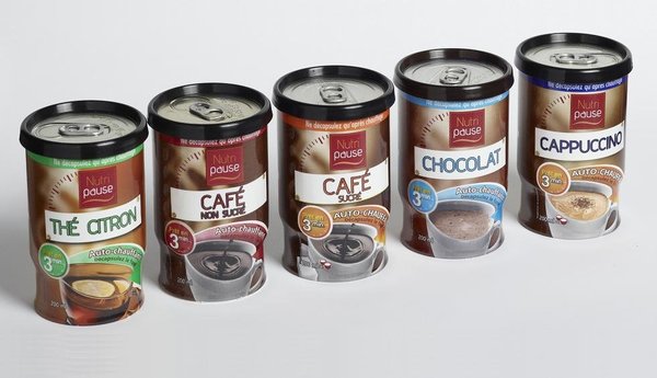 Une boisson chaude à 1000 lieues du premier bar? C'est maintenant chose possible avec les canettes auto chauffantes qui existent en 5 variétés, Nutripause.