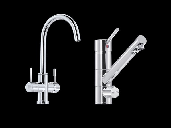 Exemples de robinets mitigeurs avec à droite, deux sorties d'eau distinctes, et à gauche une petite sortie d'eau filtrée au centre, et une sortie en pourtour pour l'eau de ville.