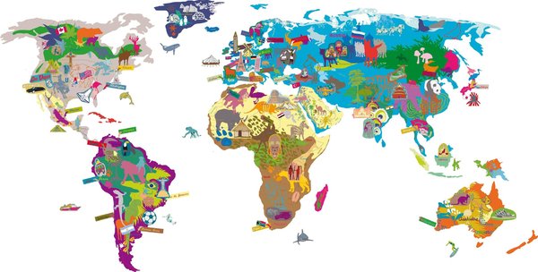 Cette grande carte du monde s’accompagne de pastilles repositionnables avec les capitales, les animaux, les drapeaux… Pour apprendre la géographie en jouant. 120 cm de large. 98 €. Map’Monde. Mimi’Lou.