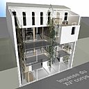 Dans la serre bioclimatique, les balcons avec caillebotis métalliques sont suspendus à 8,50 m au dessus de la dalle transparente. Les plantes grimpantes toute hauteur apportent de la fraîcheur.