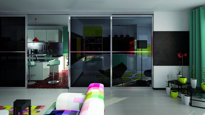 La séparation suspendue Sogal, modèle Sogalslide® méridien, est en verre clair gris anthracite. Elle structure élégamment les espaces sans alourdir. De plus, la séparation est très facile à déplacer : les panneaux coulissent ! Produit réalisé sur-mesure.