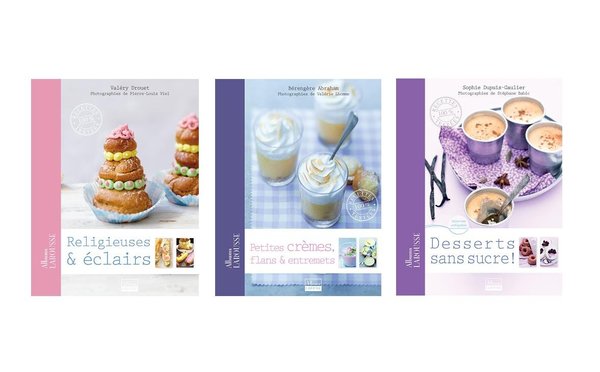 Belles images et bonnes recettes, des plus classiques aux variations originales, dont un ouvrage entier consacré aux desserts sans sucre, réalisés uniquement avec des édulcorants naturels.