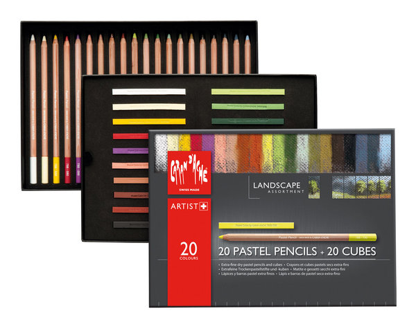 La boîte PAYSAGE, assortiment de 20 pencils et 20 cubes de pastels extra fins.