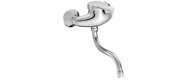 Le mitigeur mural candide, de Jacob Delafon, a une bec mobile, ainsi qu'un limiteur de température et de débit.