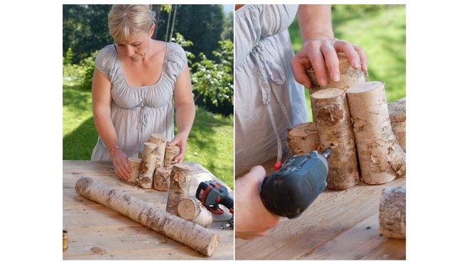 Agencez les rondins de bois comme vous le souhaitez, et percez le passage pour le fil électrique. Agencez les rondins de bois comme vous le souhaitez, et percez le passage pour le fil électrique.