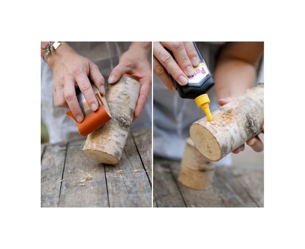 Poncez doucement l'écorce, afin d'enlever les éventuels fragments prêts à se détacher. Si vous voulez une lampe sans socle, accumulez les morceaux de bois afin de solidifier la base. Collez les rondins entre eux, avec de la colle à bois adaptée.