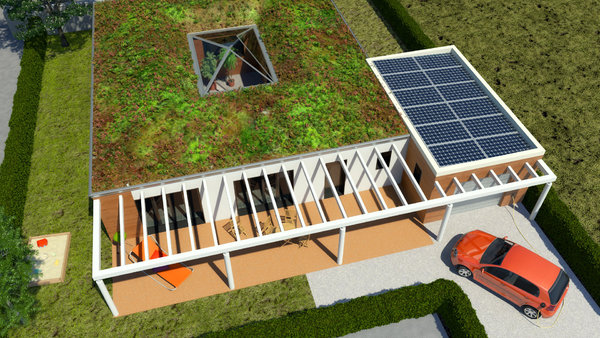 Maison ABCDConstruite autour d’un patio, la maison ABCD + est conçue dans une démarche de développement durable. La toiture végétalisée permet de créer un nouvel espace vert, alors que des panneaux photovoltaïques permettent de réaliser une énergie positive.