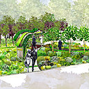 Le Bureau d'Etudes de Gally a imaginé un "jardin-citadin". Une terrasse étend l'espace de vie, et un jardin, fait de sous-arbrisseaux, de grands arbres, et de rubans de verdure odorante, prolonge l'ensemble.