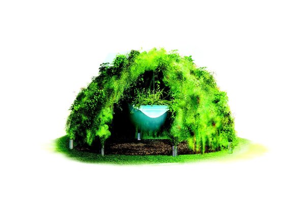 Alexis Tricoire signe ici un igloo végétal. Cet abri est le prototype d'un des 4 projets réalisés pour le
pôle de loisir de Lyon confluence.