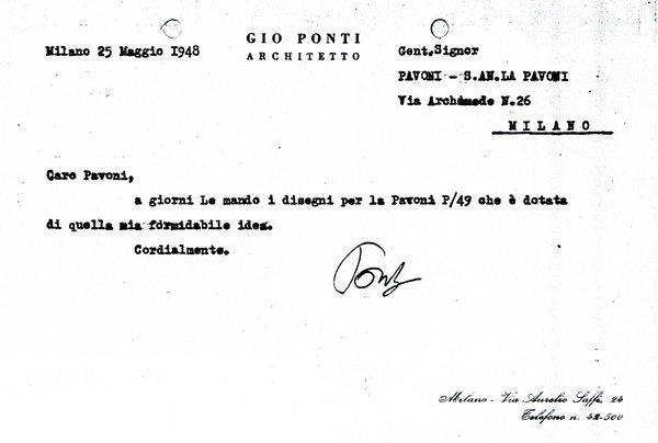 Ce message adressé à La Pavoni est signé de la main du designer italien Gio Ponti. Il annonce au fabricant de machine à café qu’il a trouvé une idée sensationnelle pour un nouveau dessin.