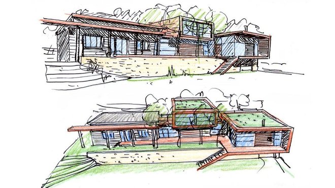 Prolongeant le pavillon existant la maison s'étire sur toute la largeur du terrain en un bâtiment étroit, ouvert largement au sud. Le séjour orienté au sud et à l’ouest profite désormais d’une terrasse en léger surplomb.