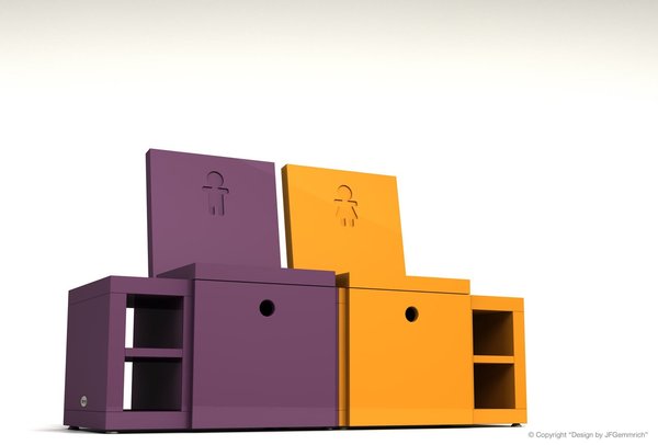 Ce banc a été créé pour résoudre le capharnaüm familial qui encombre l’entrée des maisons. De part et d’autre des bancs, des caissons de rangements. En dessous, un large tiroir muni de deux séparations obliques. L 150 cm. En bois finition laquée ou satinée. Prix sur demande. B&G®. Design by JFGemmrich®.