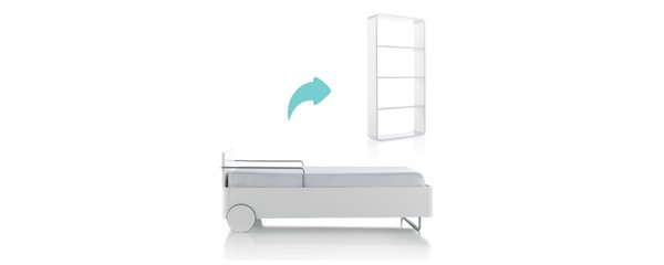 Be, marque espagnole, propose le lit junior "small bed" qui se transforme très facilement en bibliothèque contemporaine. Sommier, matelas et étagères fournis, sur www.pepupdesign.com