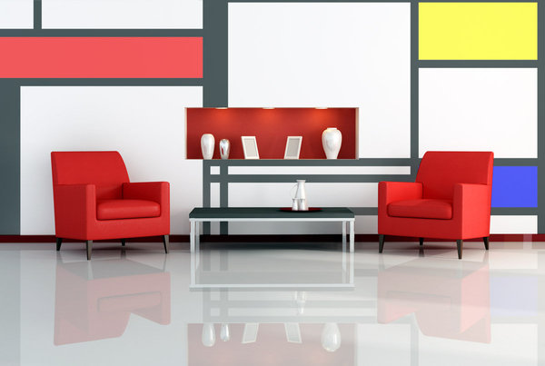 Pour un effet de profondeur, vous pouvez aménager une niche dans votre mur, qui servira d’espace de rangement. L’effet trois dimensions est réalisé par le papier peint Pixers, qui s’inspire librement de Mondrian.