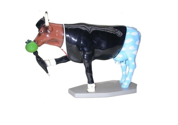 Cette statuette d’Artedeum rend hommage à la Cow Parade, avec cette vache grimée par l’inspiration Magritte. Elle reprend les différents composants de son œuvre : avec la pomme, le ciel nuageux et le chapeau melon.