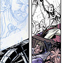 Esquisse au crayon bleu Sketcher, dessin à l'encre puis couleurs.