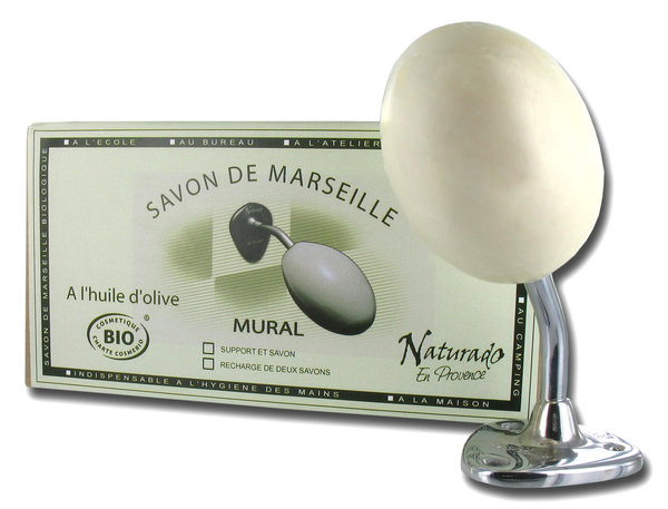 Boite contenant le support métallique, le savon et 4 chevilles pour le maintenir au mur.