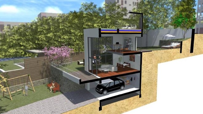 Les matériaux de construction extérieurs sont traditionnels : béton banché, aggloméré, crépis, murets en pierre…Les vis-à-vis entre les maisons sont gérés par un jeu de bardage bois en pare-vue.