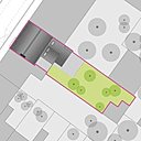 Plan de masse de la maison existante et de l'extension qui s'intègre dans le jardin tout en longueur.