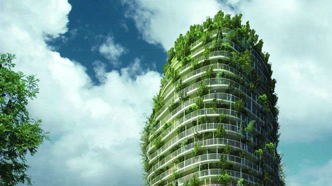 Tour végétale de Nantes, Edouard François : la végétalisation de cet immeuble à la silhouette organique est réalisée à l’aide de plantes sauvages.