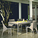 BEL AIR - ROCHE ET BOBOIS. Ensemble table de repas et chaises du designer Sacha Lakic. Structure tube en aluminium laqué recouvert de tressage de résine polyéthylène 5 mm (coloris : écume, mercure ou écorce), plateau verre acidifié laqué pour la table. Housses de coussins amovibles. Assises sanglées. Table rectangulaire dim. : 220 x 100 x H 75 cm ou bistro : 70 x 70 x 77 cm et chaise : L 56 x P 57 x H 89 cm.
