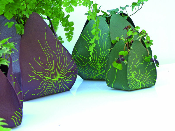 JARDIPO  RACINE - ART TERRE. Pot ou cache-pot sérigraphié. Pour l’intérieur ou l’extérieur. Garde les plantes toujours au frais avec très peu d’eau. Constitué en Pévétex (nouvelle matière issue du recyclage du PVC textile des intérieurs de voiture). Deux tailles. Trois coloris : prune et vert citron, vert et vert citron ou gris et blanc.