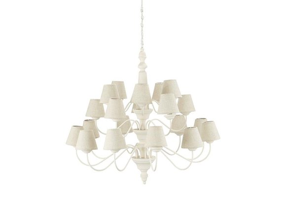 L’accumulation des vingt abat-jours en lin de la suspension « Antoinette » de Maison du Monde ose la surenchère, sans faire fi d’une certaine élégance, incarnée par le délicat jeu des volutes de la structure au blanc éclatant.