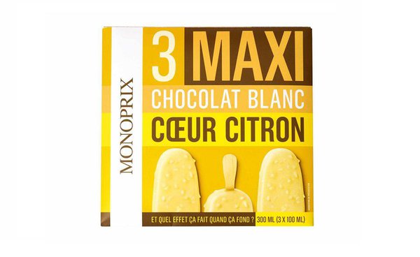 Place au esquimaux parfum chocolat blanc, avec un cœur de citron, Monoprix.