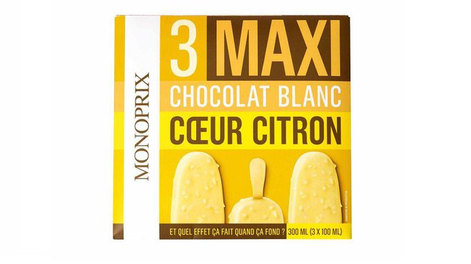 Place au esquimaux parfum chocolat blanc, avec un cœur de citron, Monoprix.