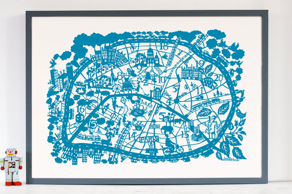 Paris Blue, plan de la ville en papier découpé.