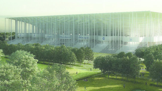Vue perspective du futur stade depuis le parc floral. Le nouveau stade de Bordeaux avec son vaste parvis pourront accueillir les spectateurs avant le match, mais aussi des évènements temporaires.