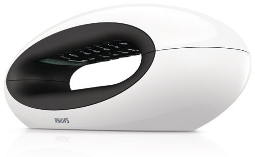 Un téléphone sans fil tout en rondeurs. Sans répondeur, il contient un répertoire de 100 noms et numéros. Icon M5501 Solo. Philips.