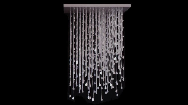 Perle de pluie, un lustre divin en soie, silicone cristal et Leds qui est issu d’un procédé exclusif de dentelle en silicone, inventé par la créatrice Tzuri Gueta. Telle une cascade translucide, des gouttes de lumière s’animent dans un halo bleuté. Création Tzuri Gueta et  Tony Jouanneau, 2008.