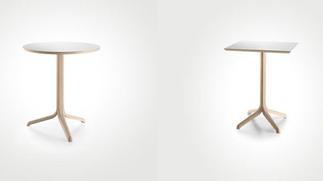 Façon bistrot, petite table Bakio avec piètement en chêne cintré et plateau recouvert d’un choix personnalisable de matériaux. Création Samuel Accoceberry, édité par Alki, 2011. Façon bistrot, petite table Bakio avec piètement en chêne cintré et plateau recouvert d’un choix personnalisable de matériaux. Création Samuel Accoceberry, édité par Alki, 2011.