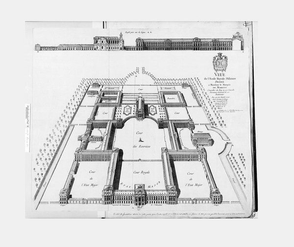 Vue à vol d'oiseau de l'Ecole Militaire dédiée au Marquis de Marigny, 1751.