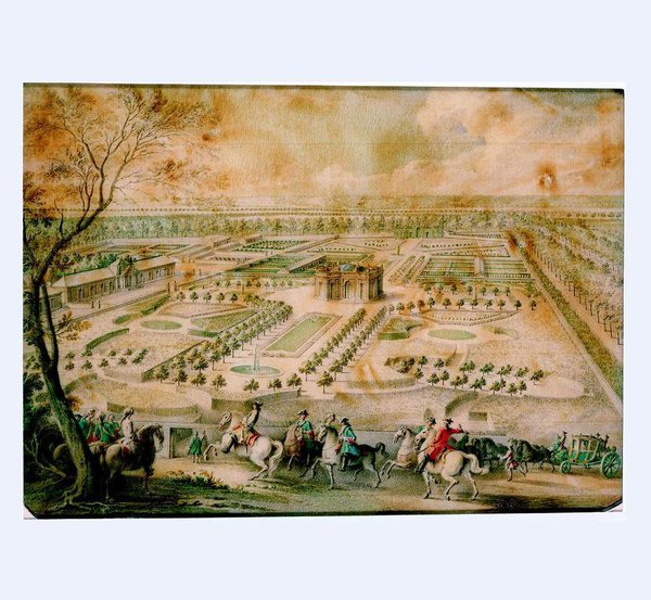 Vue à vol d'oiseau des jardins de Trianon, de la ménagerie, du Pavillon français et du portique de treillage.