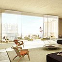 Beirut Village: vue intérieure de l’appartement “suspendu” central qui fait la part belle à une verdure abondante.