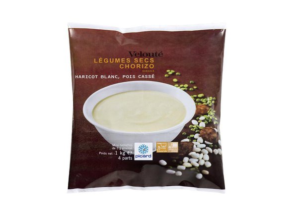 Velouté de légumes secs (haricots blanc et pois cassés) au chorizo, soupes familiales portionnables chez Picard.