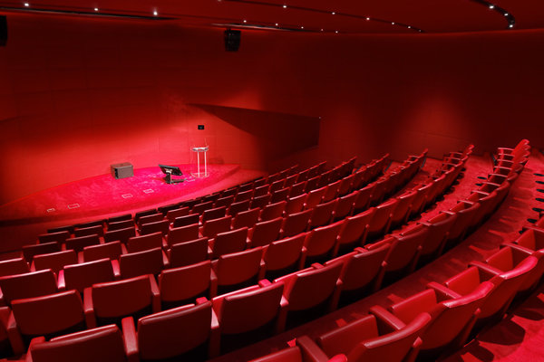 Théâtral, le splendide auditorium cramoisi, gainé de flanelle et de cuir. Sièges: Aresline.