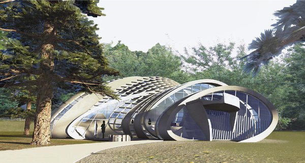 A la fois primitive et céleste, la maison se présente comme un œuf dont la coquille s’ouvre sur le ciel.