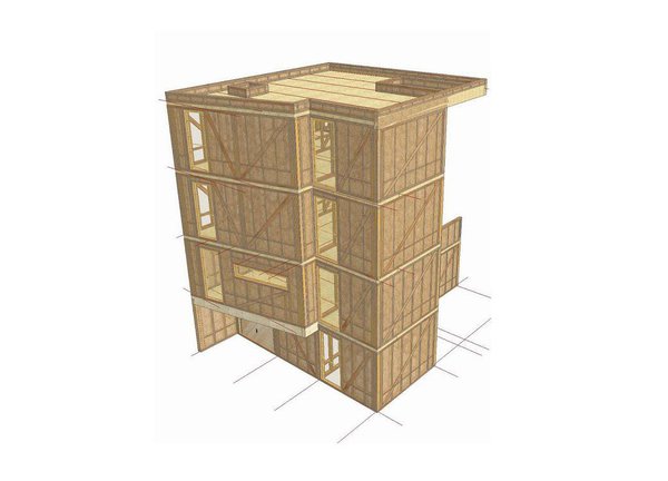 Structure de la maison Tour à Clamart:  détail de l’ossature bois en OSB.