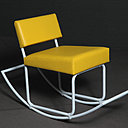 Fauteuil à bascule permettant un balancement d’avant en arrière, le rocking-chair de Monsieur Arpel semble en réalité une modeste chaise de bureau reposant sur un piétement métallique tubulaire, mais…gainé de cuir jaune canari ! Edition limitée à 8 exemplaires. Dimensions : L 1020 x P 500 mm H 730 mm.