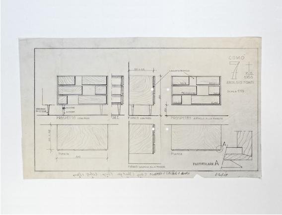 Plans et croquis de la commode (modèle de 1,02 m de long) mettant en évidence ses finitions et essences de bois sélectionnées par Gio Ponti, en 1952.