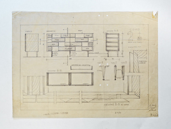 Dessins et schémas de la commode (modèle de 1,85 m de long) précisant le choix des matériaux choisis par Gio Ponti, en 1952.
