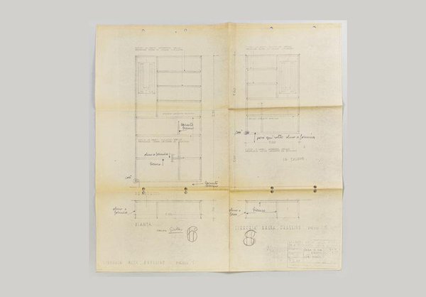 Plans de la bibliothèque de Gio Ponti, dessinée en 1936. Une vision très moderne du rangement, à la fois fonctionnel et décoratif.