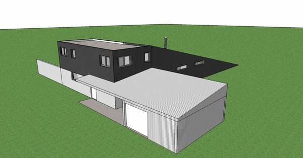 Deux volumes en L qui s’imbriquent avec une toiture terrasse, pour une hauteur qui ne devait excéder 6 mètres.